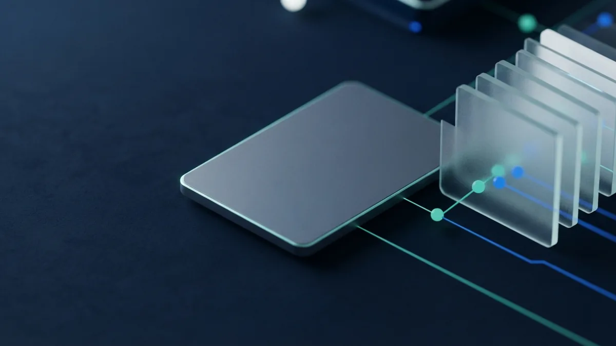 Selecting a payment gateway Careful payment gateway selection shown with a card, glass layers, and connected nodes