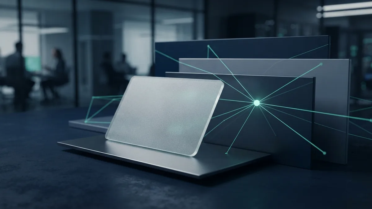 Frosted glass payment card ahead of metal layers in a secure navy trade setting