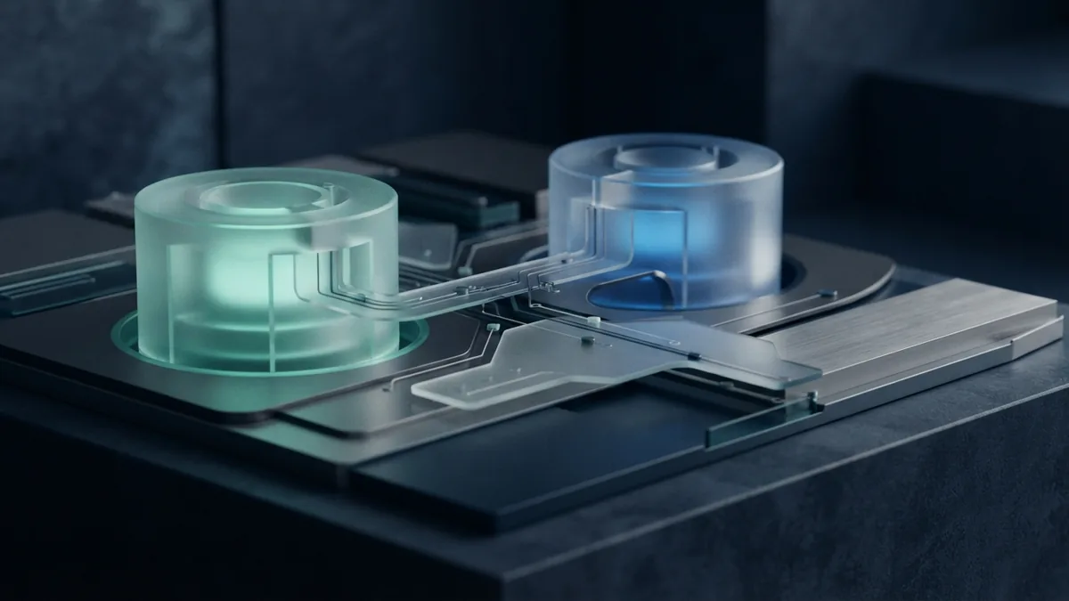 How an ACH transfer moves Frosted glass bank accounts linked by a teal payment transfer path