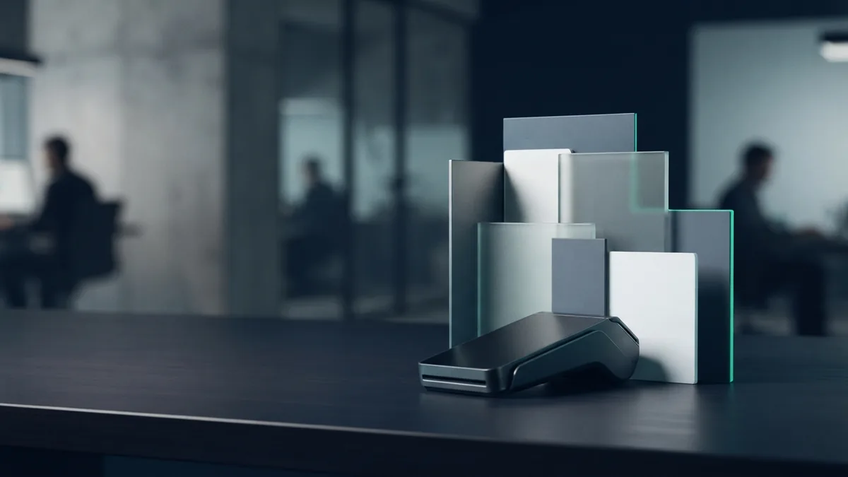 Modern payment hardware beside abstract bank transfer forms in navy tones