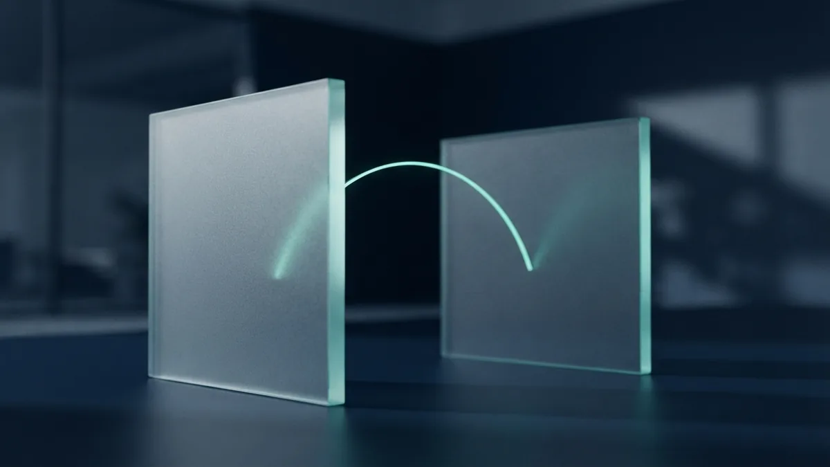 A simple path through in-app checkout Frosted glass panels linked by a teal arc represent a smooth in-app checkout