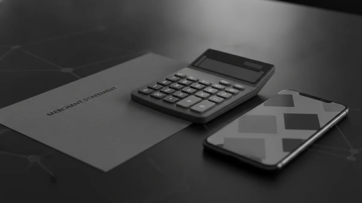 Owner comparing processing costs using a statement and calculator.