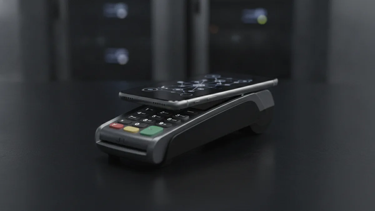Checkout payment flow A customer paying with a phone and card at checkout for a clear payment flow