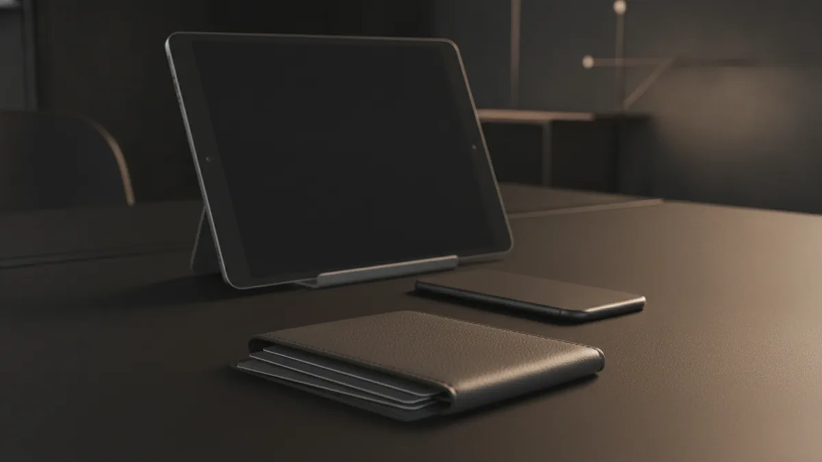 Multiple payment method options represented by devices on a desk