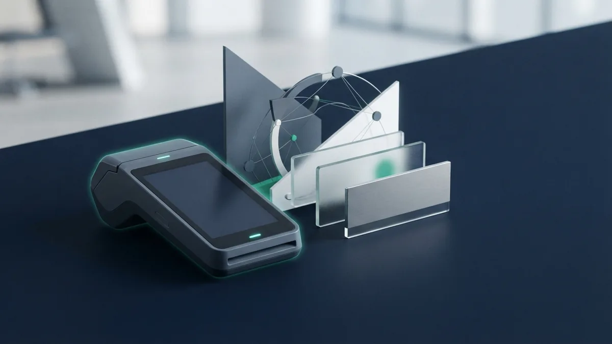 Crypto gateway integration hardware Modern payment terminal beside frosted glass gateway components