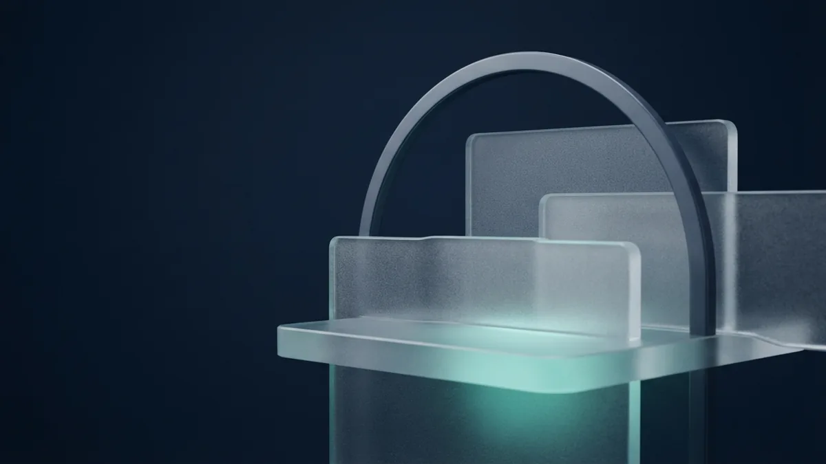 Payment features in a quiet studio scene Frosted glass layers and a metal arc suggest payment features to compare