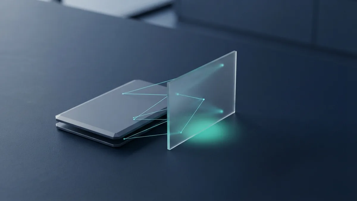 Matte metal payment card beside glass planes and fine connecting lines