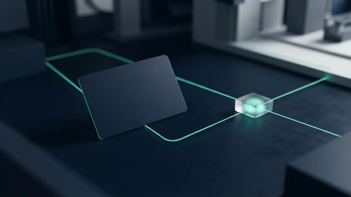 Abstract card and connected node showing a token moving through payment processing