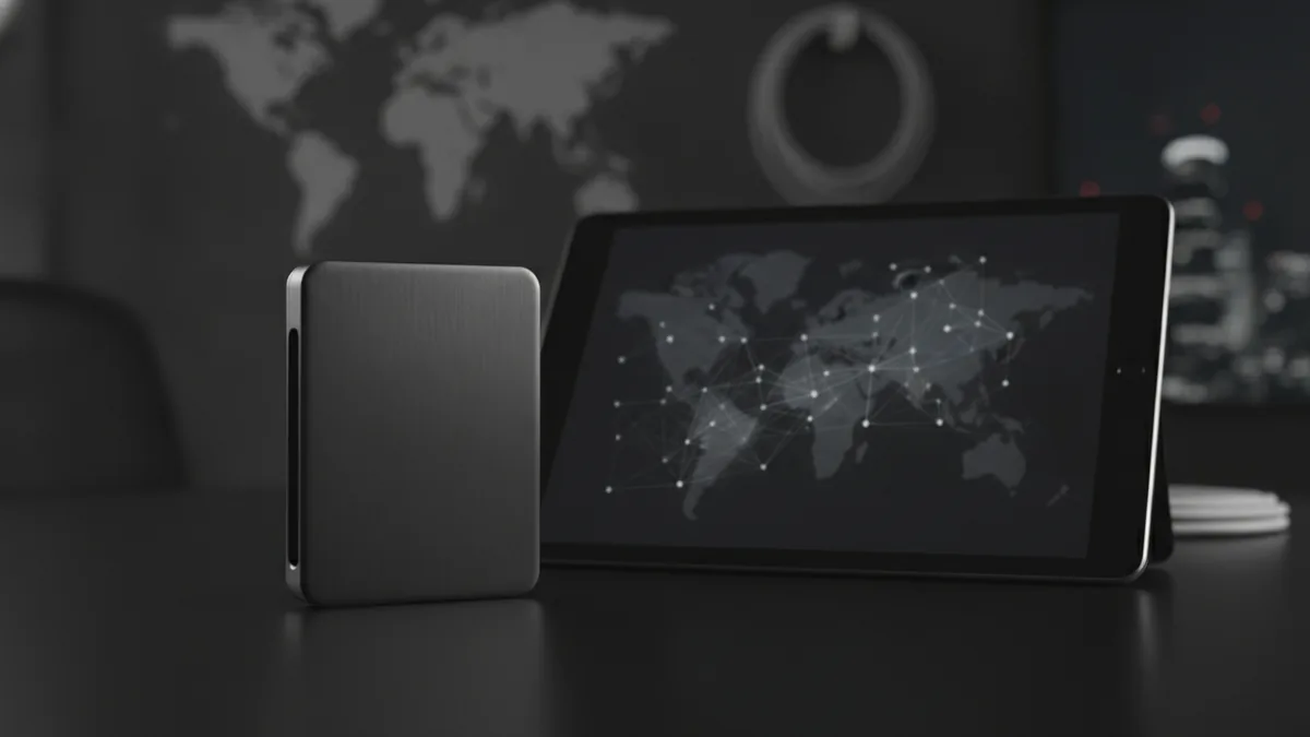 Hardware wallet and tablet representing secure crypto payment processing