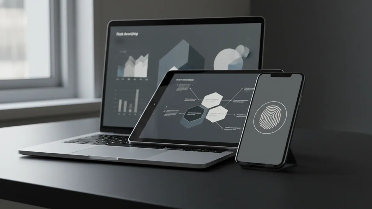 Desk scene showing layered security tools for preventing online payment fraud