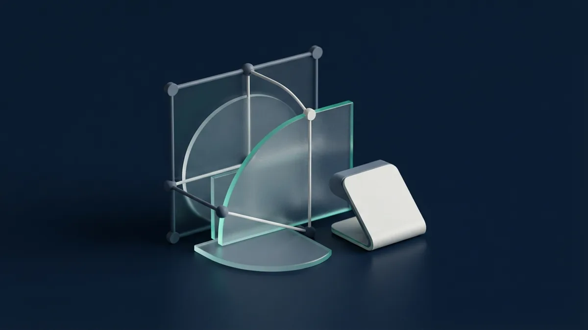 Abstract payment platform components in navy, slate, and frosted glass with a teal edge light