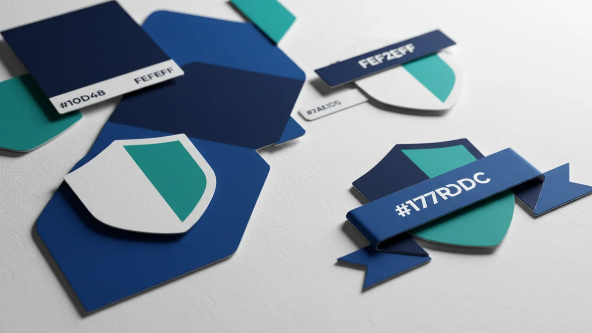 Blue and navy tones with abstract sports branding shapes illustrating logo color presence