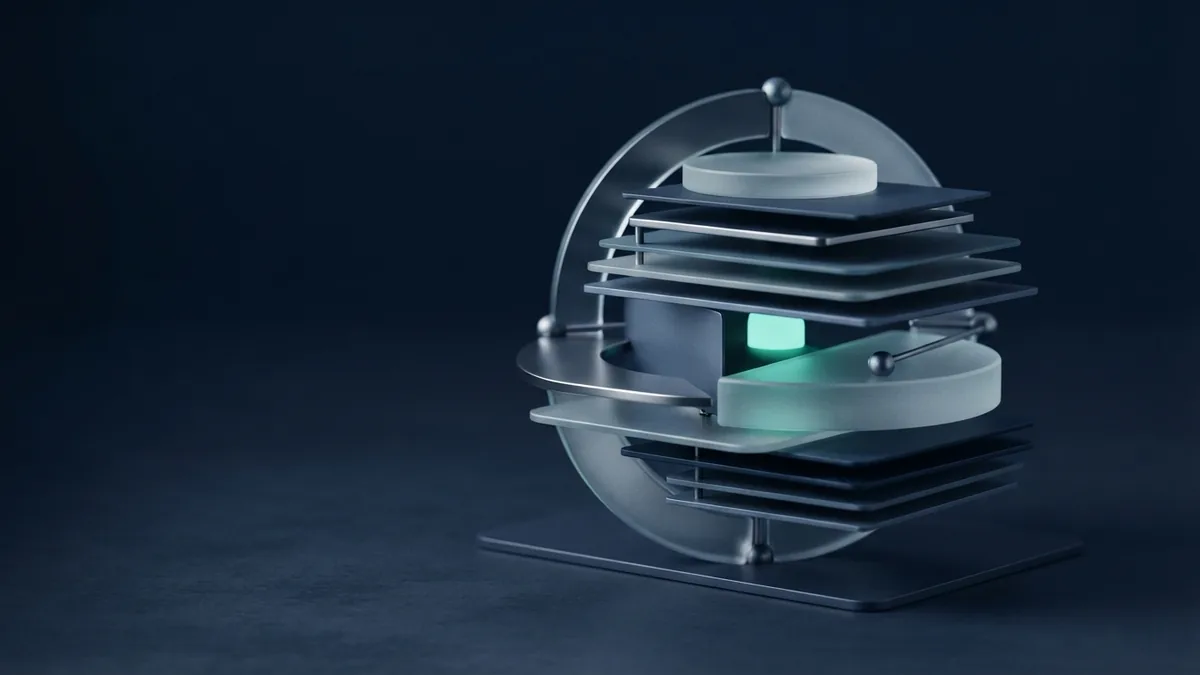 Layered metal and glass forms representing clear payment processing costs