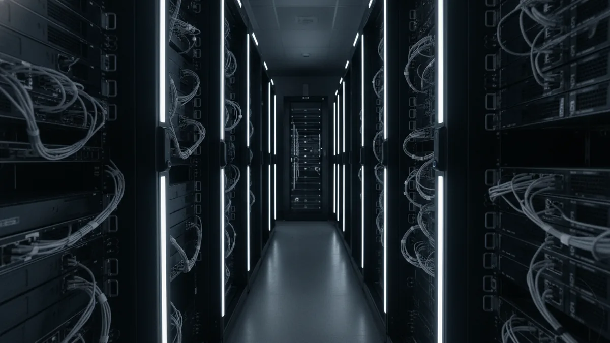 Secure processing backbone Server racks in a data center representing secure payment routing.