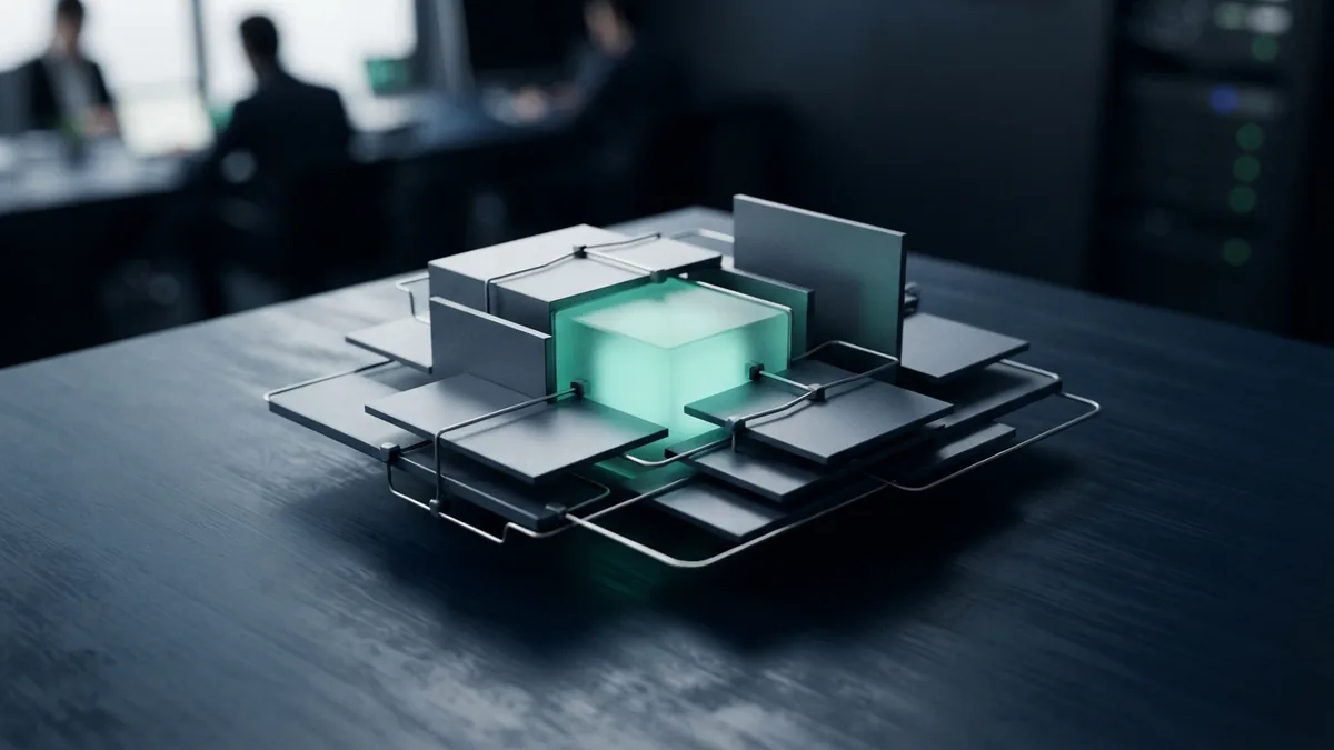 Abstract payment issue resolution shown with aligned metal panels and connected frosted glass
