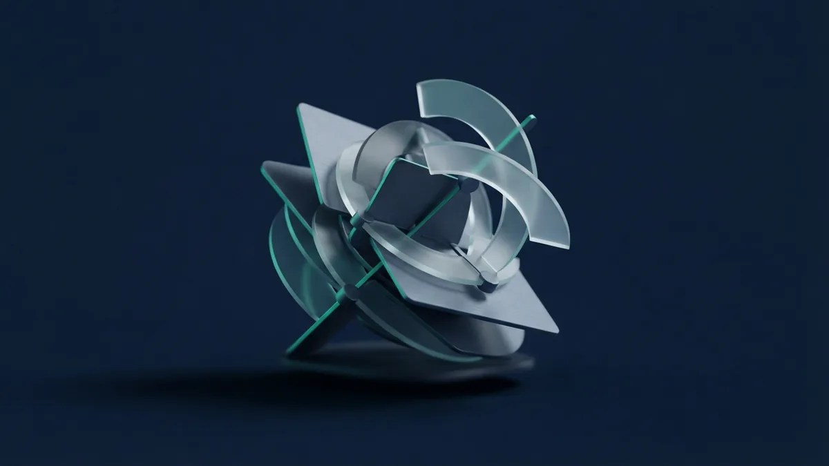 Layered metal cards and teal arcs represent benefit and back pay calculation