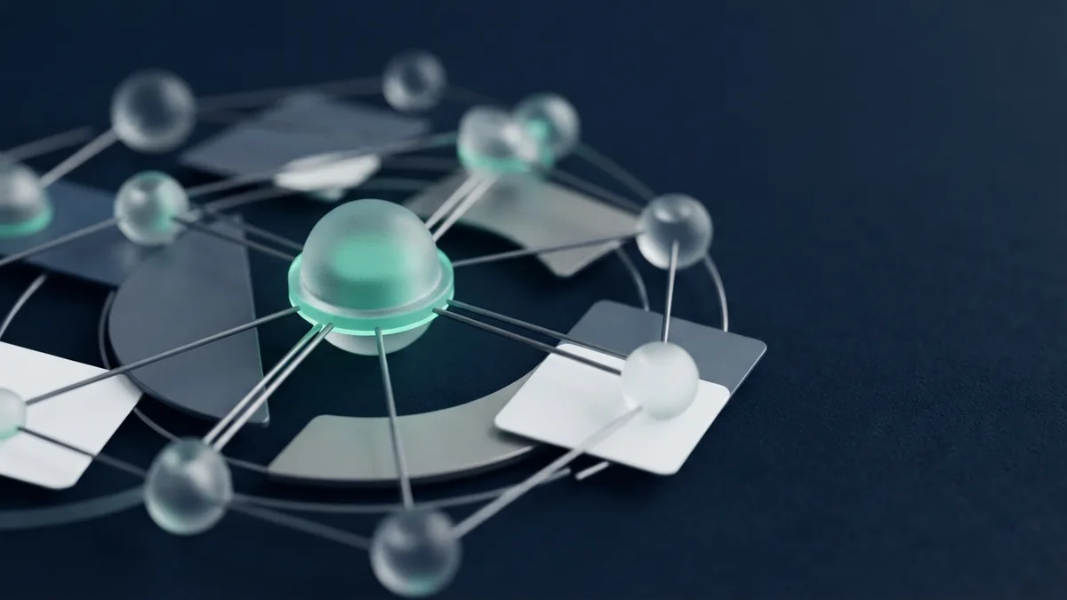 Frosted glass nodes linked by metal lines in a navy payment processing scene