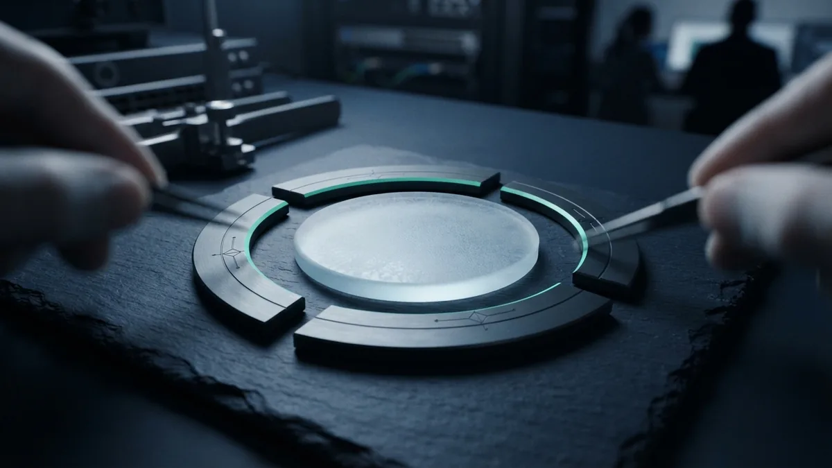 Aligned metal arcs around frosted glass showing an abstract payment fix