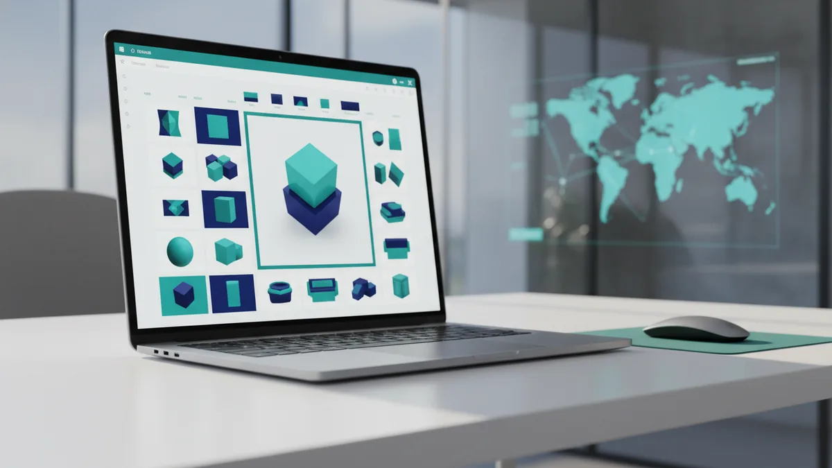 Workspace setup for designing a 3D logo with tools and assets