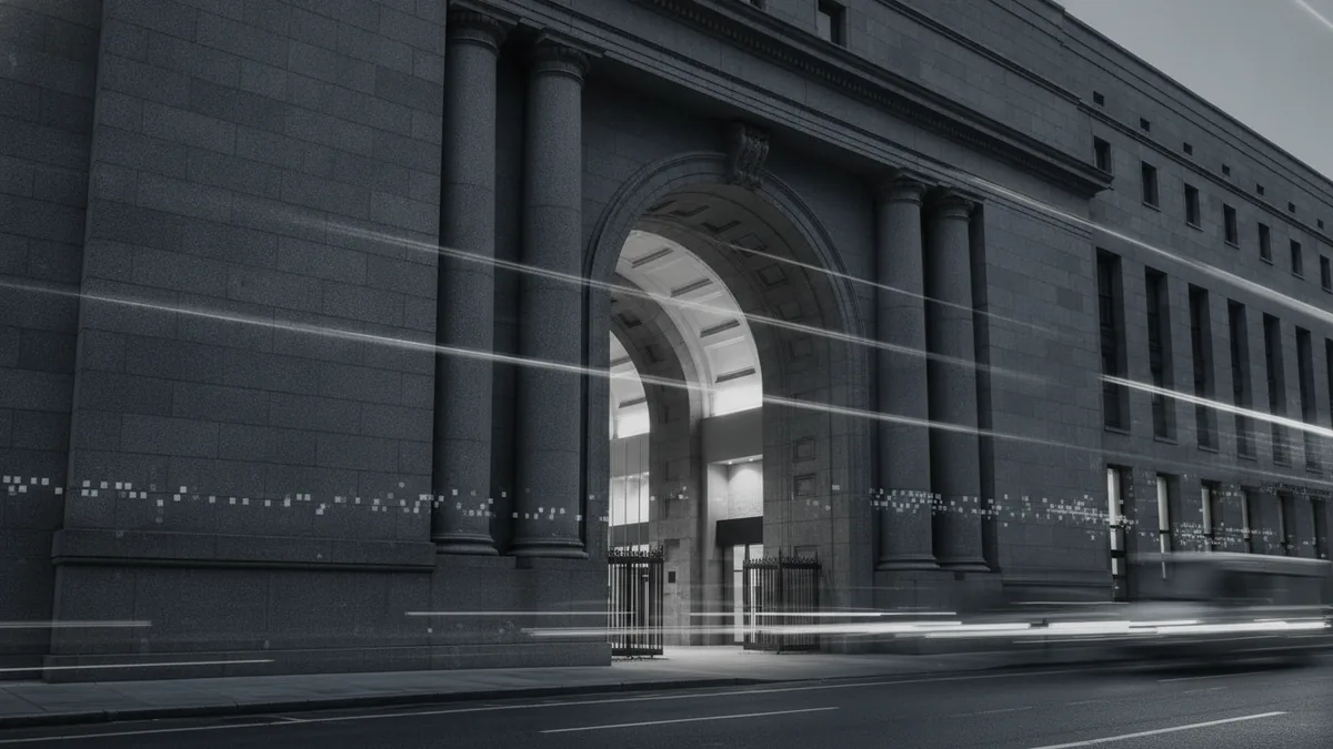 Bank building at dusk suggesting electronic money movement through ACH