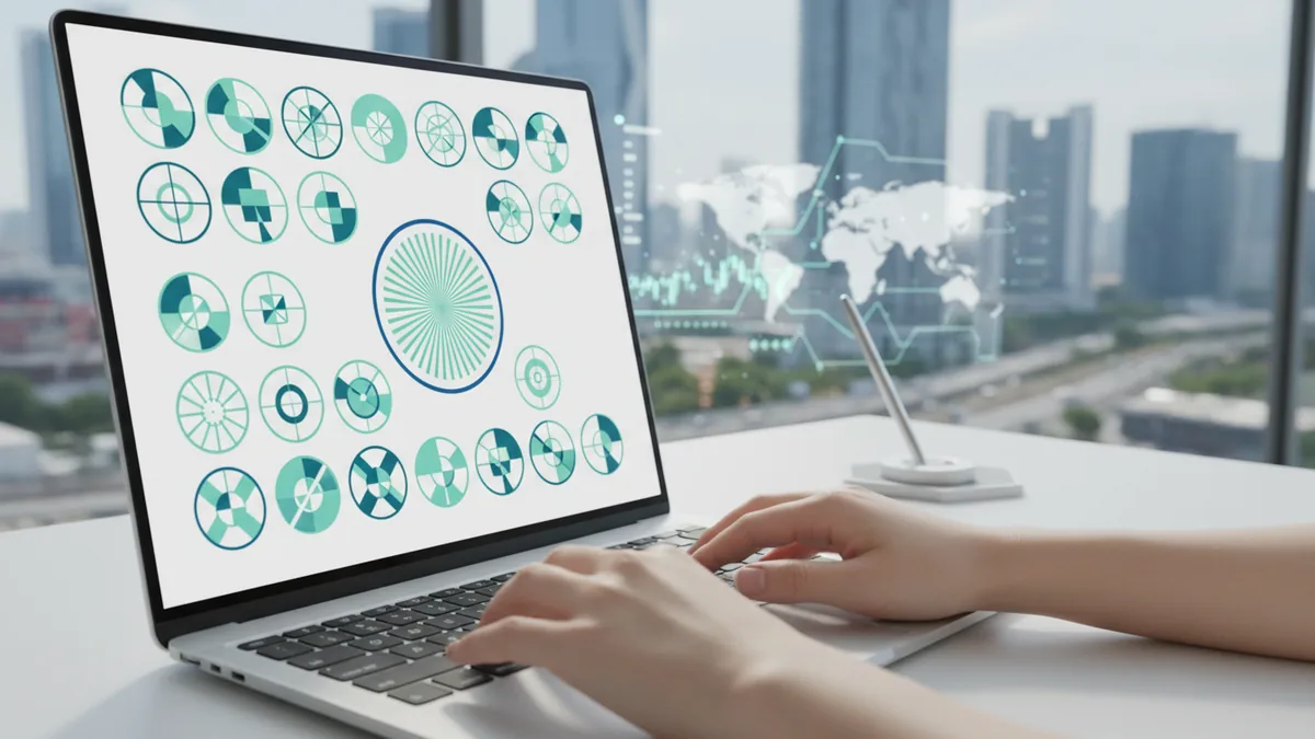 Laptop workspace with a circular badge layout being designed