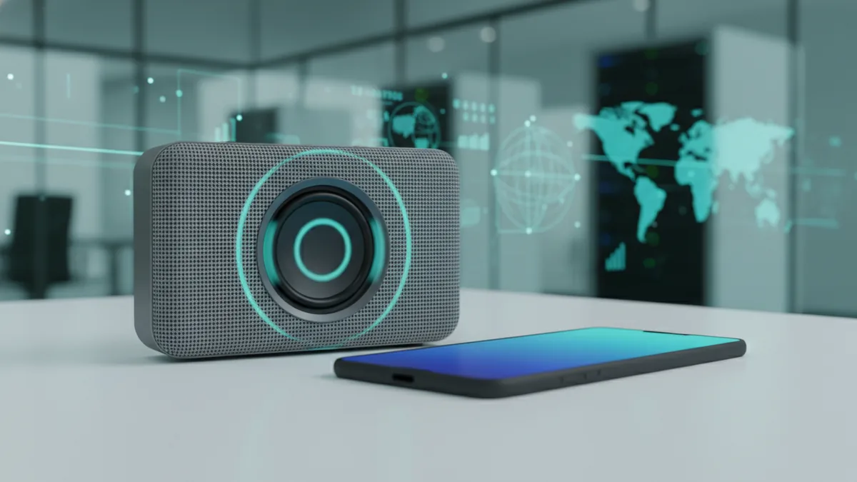 Sonic logo clarity in product moments Speaker and phone illustrating clear notification sound feedback