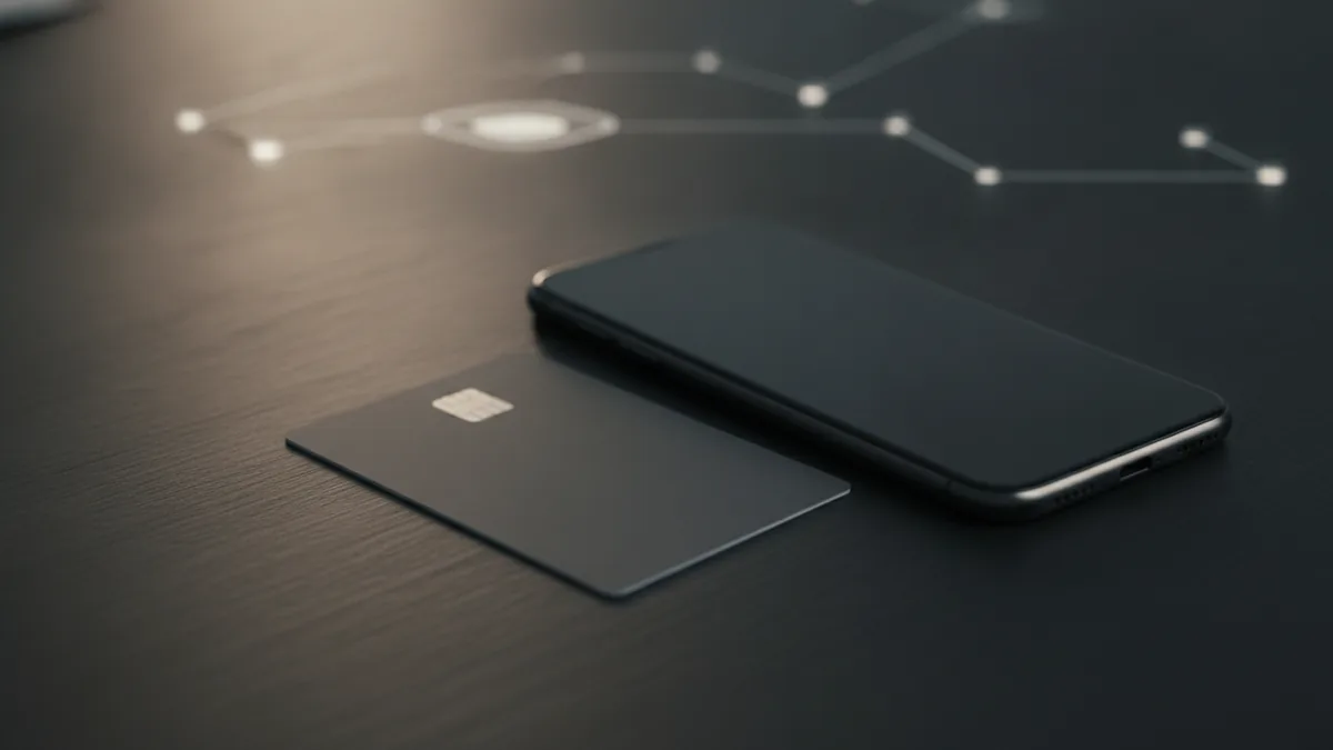 Debit card and phone on a desk showing a secure payment moment