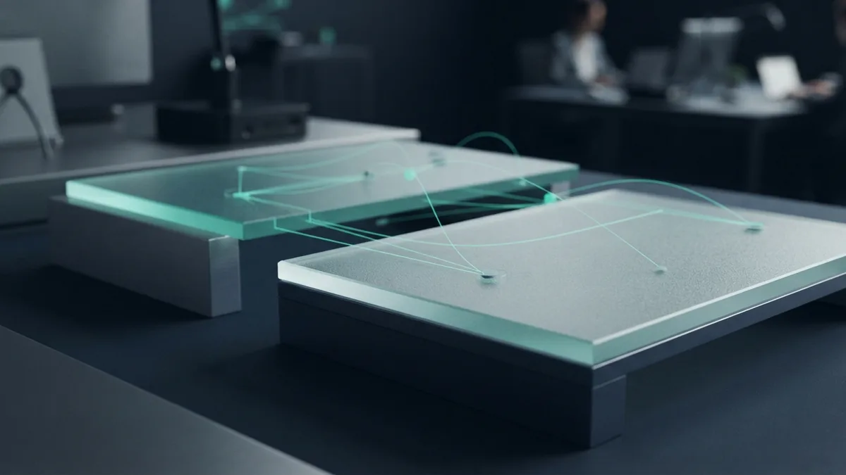 Two distinct fee paths shown with frosted glass slabs and teal connecting lines