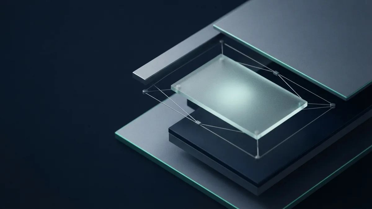 Paused payment path shown through offset metal planes and frosted glass