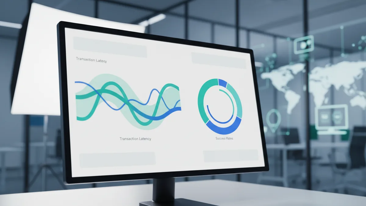 Key metrics and exceptions Analyst reviewing abstract charts for authorization latency and transaction success trends