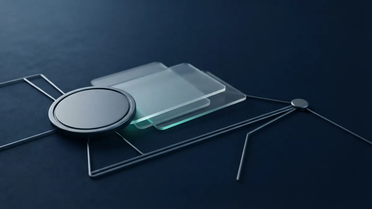 Organized patent fee payment concept Abstract payment arrangement with frosted glass cards and mint light on a navy surface