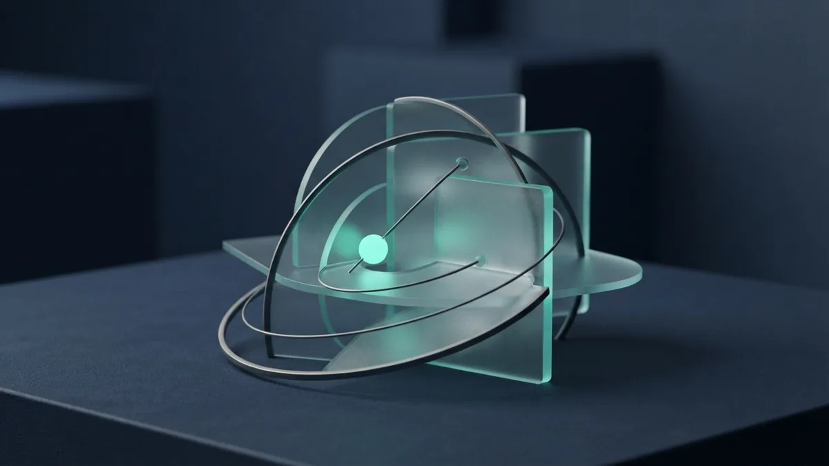 Abstract record trail with layered glass and a mint-lit node for status checking