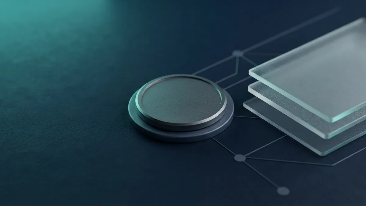 Abstract payment token with frosted glass layers in a navy editorial setting