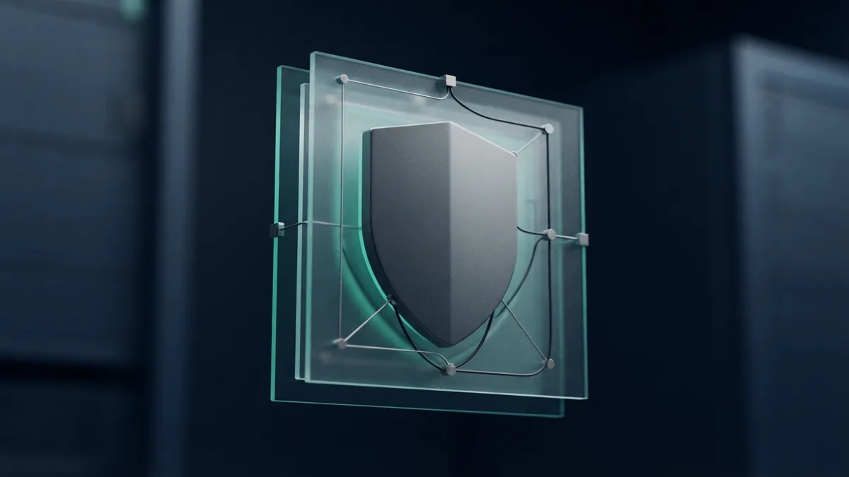 Abstract secure ACH payment structure with shield form and frosted glass layers