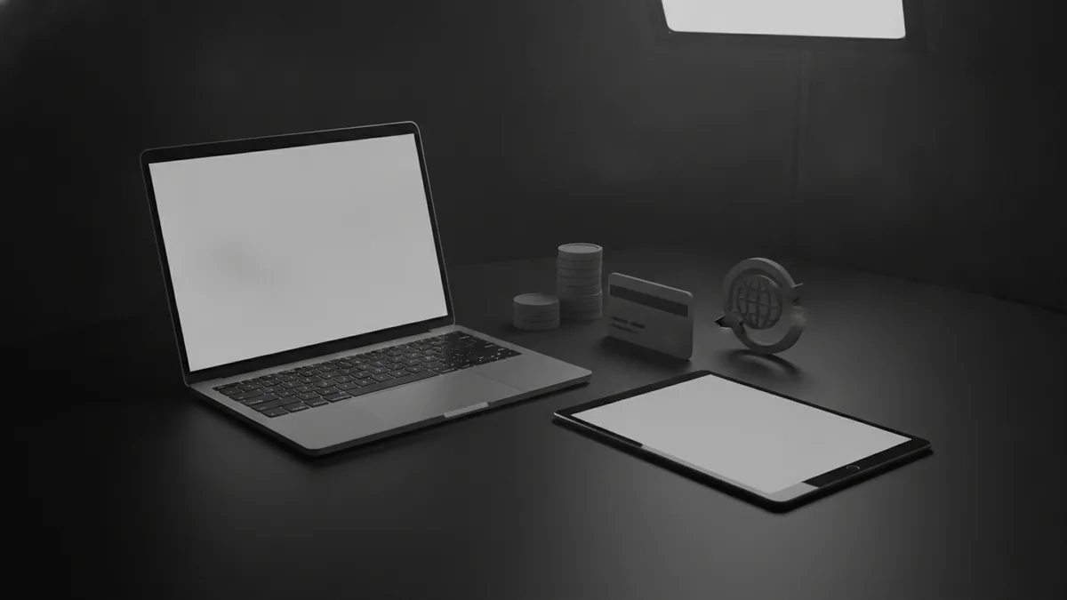 Multi-currency business setup Desk setup showing global payments benefits and multi-currency flow.