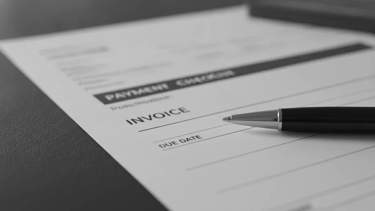 Fee meaning and purpose Invoice paperwork with a due date clearly marked and a pen ready