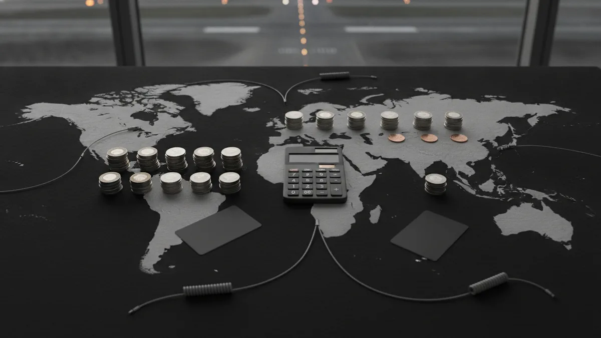 Planning a global payment setup Global payment planning scene with currency coins, bank cards, and a world map surface