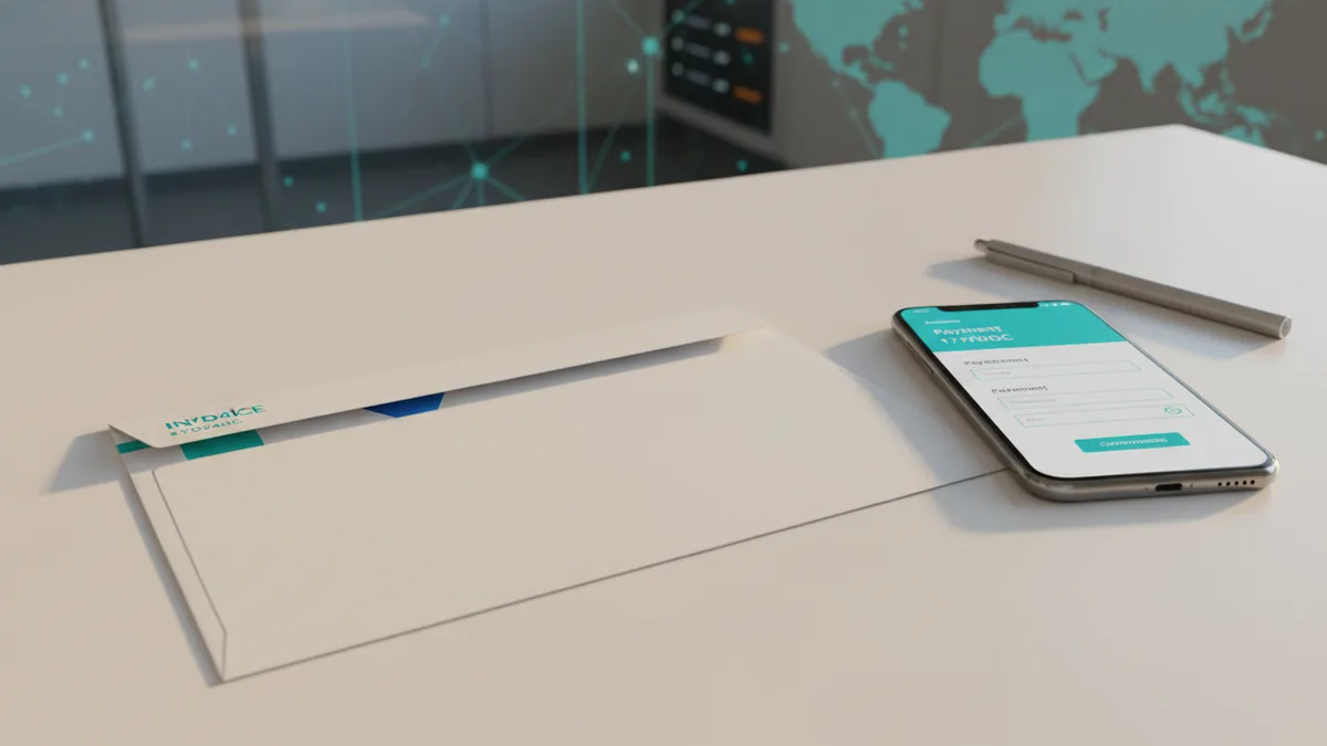 Client-friendly mid payments Invoice and phone on a desk showing a secure path to pay online
