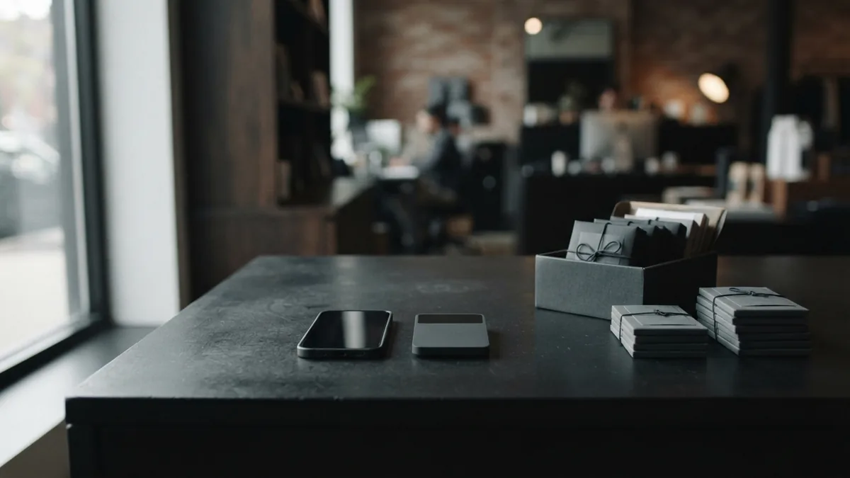 Smartphone payment setup with card reader and sales tools on a shop counter