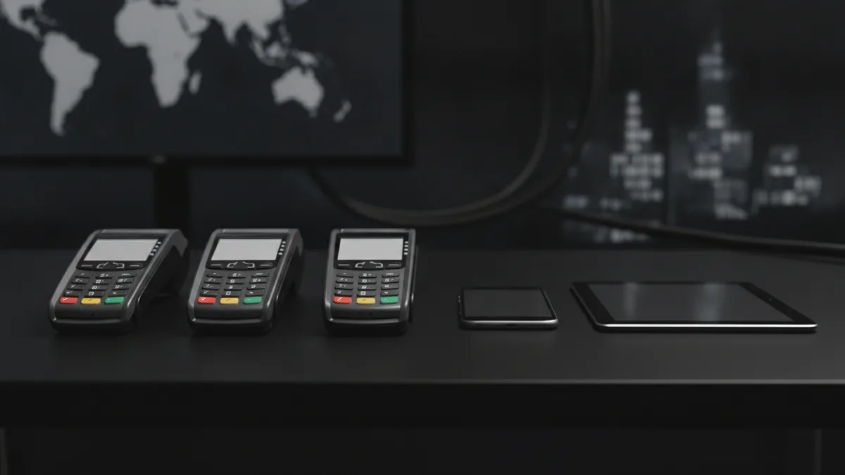 Portable payment device comparison Four portable payment devices arranged by size on a neat desk