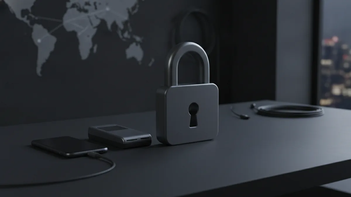 Secure smartphone and card reader beside a lock-shaped device symbol