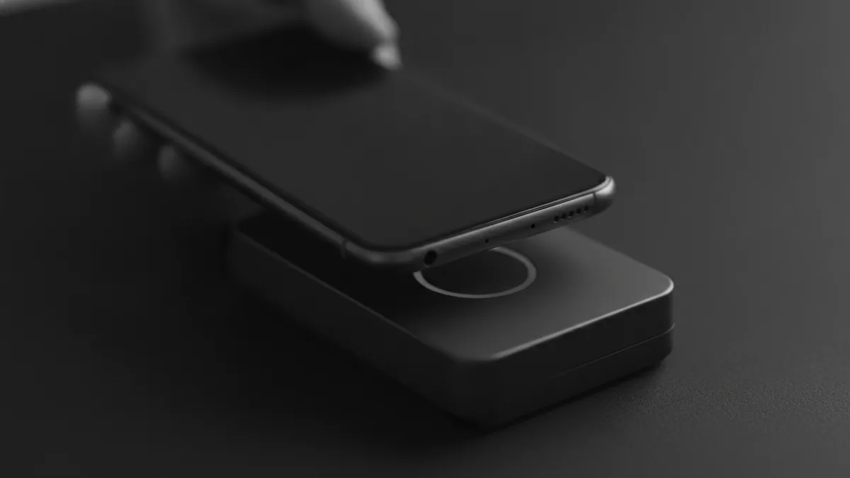Tap-to-pay moment Contactless terminal and phone positioned for a tap-to-pay moment