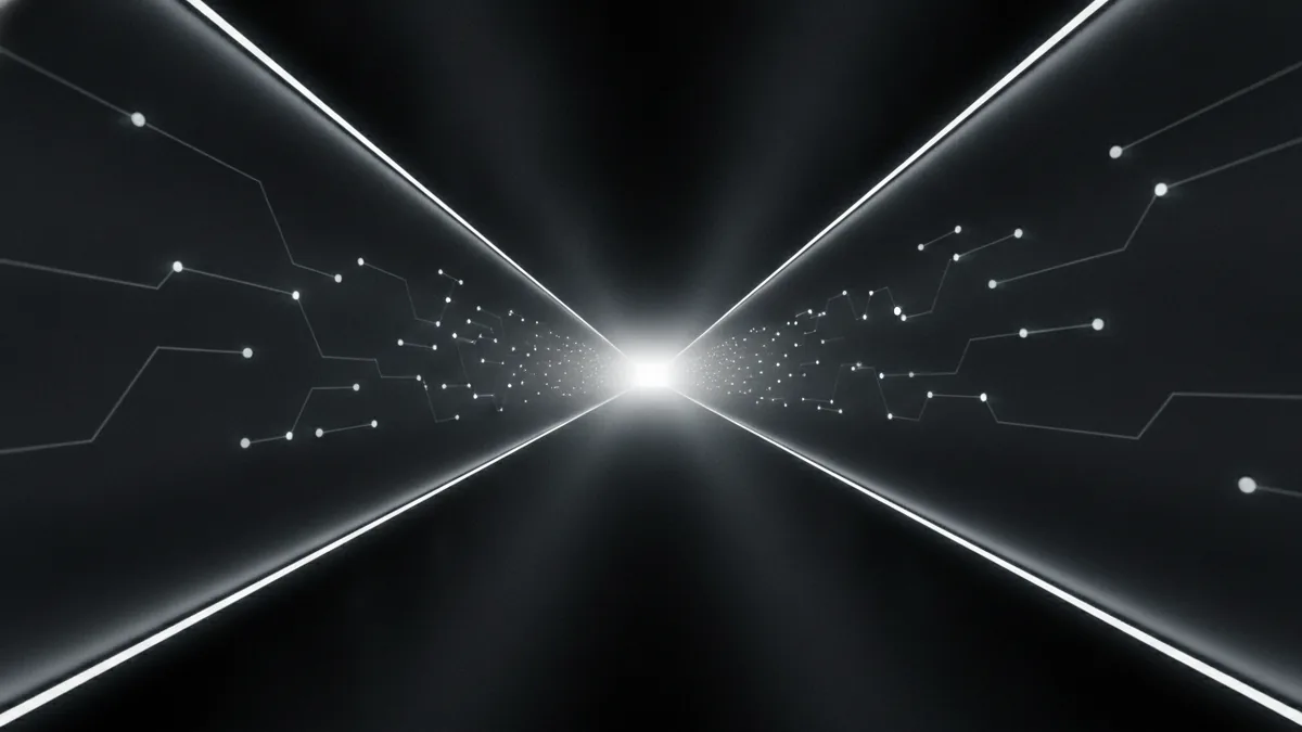 Authorization to settlement flow Abstract corridor of connected nodes symbolizing payment authorization and settlement