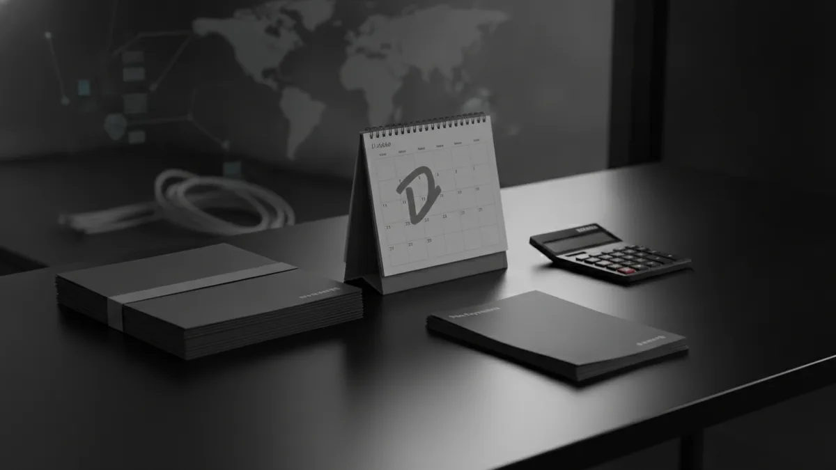 Late fee planning scene with a calendar, surcharge notes, and patent paperwork