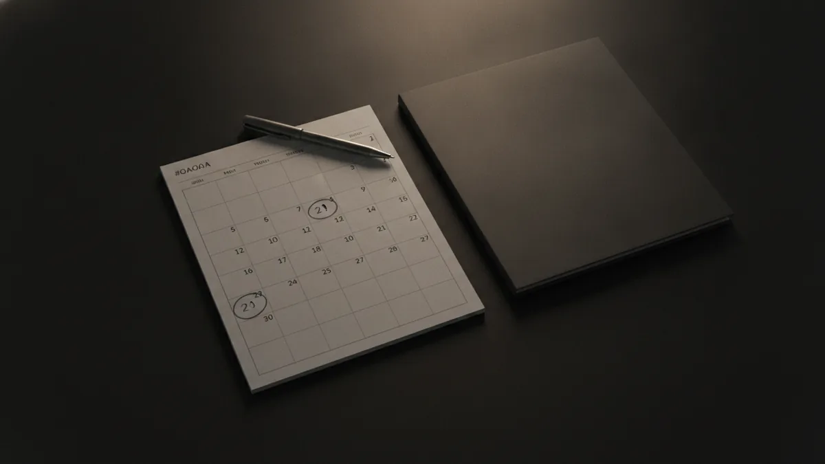 A desk setup with a marked calendar and organized claim folder