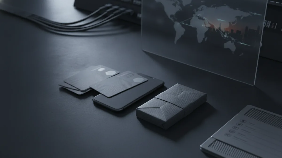 Payment methods arranged for checkout Close view of payment cards and wallet devices arranged beside a parcel