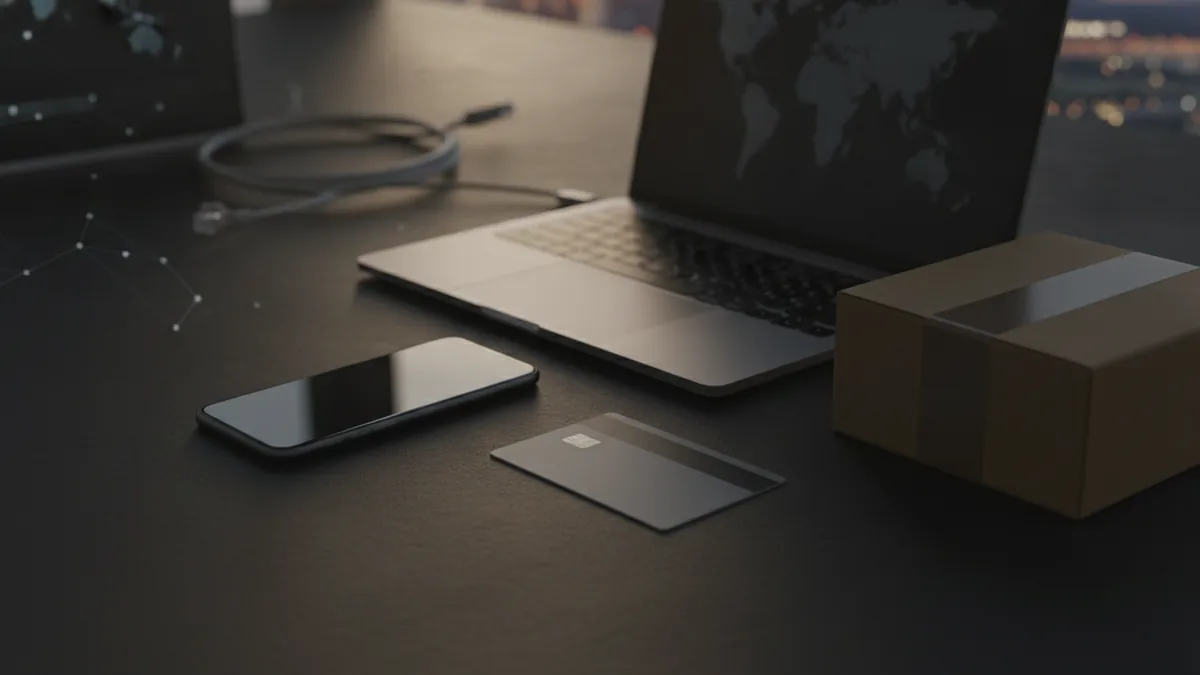 Fast payment flow across devices Smartphone beside a laptop and card during a fast mobile payment flow