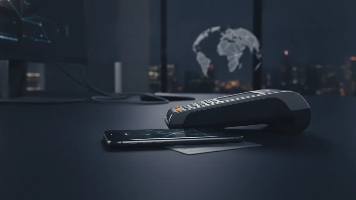 Secure mobile payment setting Secure payment hardware with a phone and card in a dark blue setting