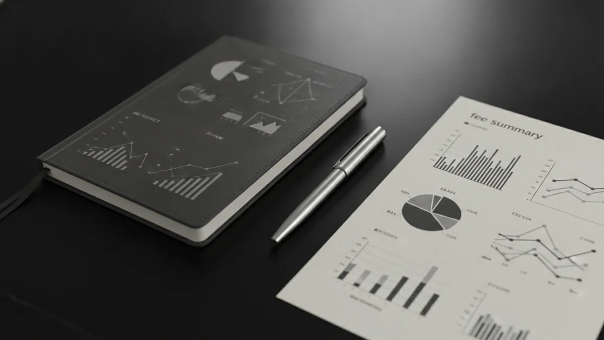 A notebook and pen next to a fee summary for careful cost review