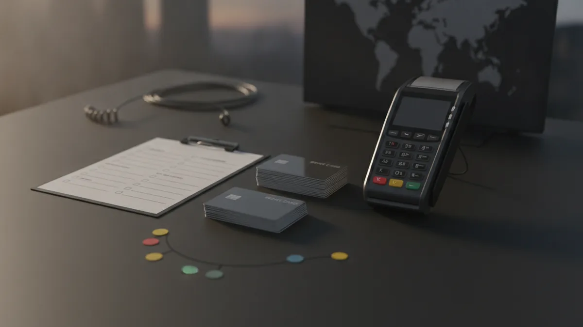Fraud prevention planning with risk notes, payment cards, and a secure device